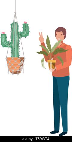 Mann mit Kaktus in macrame Kleiderbügel Stock Vektor