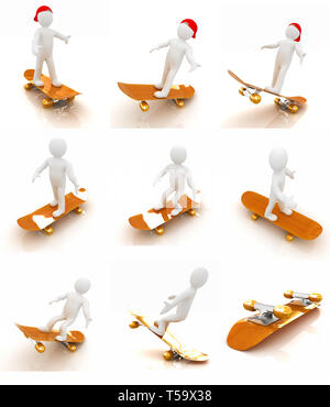 3d white Person mit einem Skate und eine Kappe. 3D-Bild auf weißem Hintergrund Stockfoto