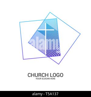 Kirche logo und christliche Symbole. Kreuz des Erlösers Jesus Christus und geometrische abstrakte Symbole. Stock Vektor