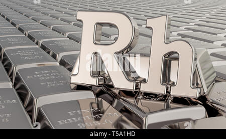 Rhodium ingots Hintergrund mit Rh-Symbol. 3D-Rendering Stockfoto