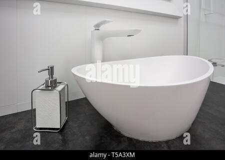 Seifen- und Shampoospender in der Nähe von keramischen Wasser Waschbecken mit Wasserhahn in teuren loft Bad tippen Stockfoto