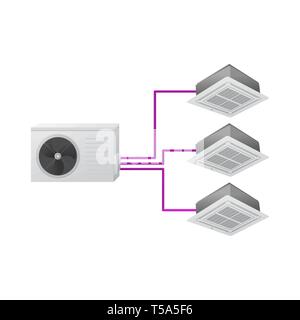 Die Klimaanlage. Multi Split. Ein Außenpool und drei Inneneinheit. Decke Kassette. Vector Illustration. Stock Vektor