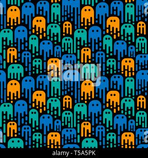 Cute cartoon Geister auf schwarzem Hintergrund. Vektor nahtlose Muster. Einsatz in der Gestaltung von Halloween oder für die Kinder. Stock Vektor