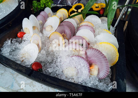 Frische bunte Jakobsmuscheln auf Eis, Nahaufnahme, Meeresfrüchte. Stockfoto