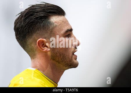 BRENTFORD, ENGLAND - 22. April: Jack Harrison von Leeds United Reaktion während der Sky Bet Championship Match zwischen Brentford und Leeds United bei Griffin Park am 22. April 2019 in Brentford, England. (Foto von Sebastian Frej/MB Medien) Stockfoto