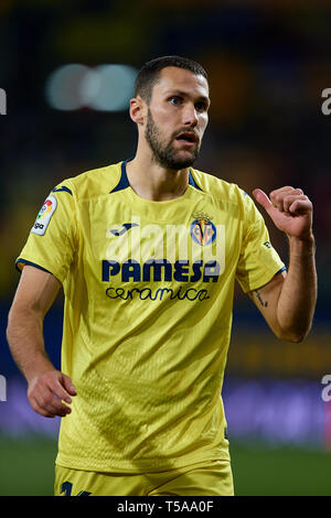 VILLAREAL, SPANIEN - 21. April: Alfonso Pedraza von Villarreal CF reagiert während des La Liga Match zwischen Villarreal CF und CD Leganes im Estadio de la Ceramica am 21. April 2019 in Villareal, Spanien. (Foto von David Aliaga/MB Medien) Stockfoto