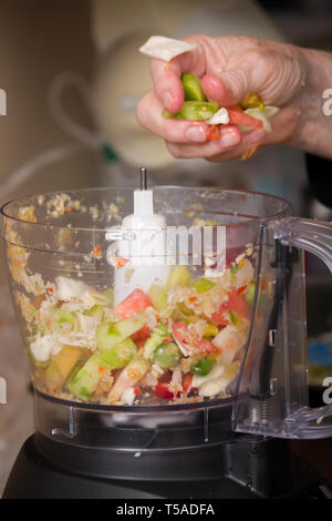 Frau hinzufügen Rohstoffe (Paprika, Zwiebeln, Kohl, Karotten und Tomaten) für die Bereitstellung von Relish in einen Mixer. (MR) Stockfoto