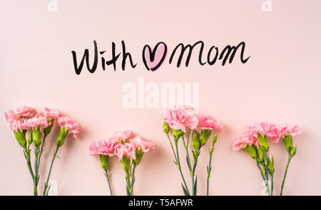 Muttertag Design Konzept - Blick von oben auf ein Bündel von Carnation mit Hand schreiben Script auf rosa Hintergrund mit Kopie Raum für Mock up Stockfoto