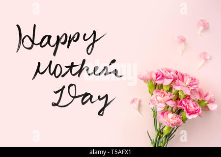 Muttertag Design Konzept - Blick von oben auf ein Bündel von Carnation mit Hand schreiben Script auf rosa Hintergrund mit Kopie Raum für Mock up Stockfoto
