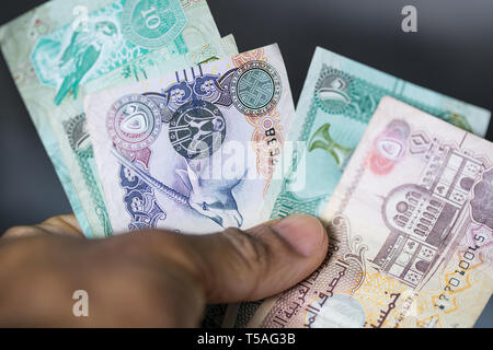 Nahaufnahme einer Hand, die verschiedenen Vereinigte Arabische Emirate Dirham selektiven Fokus. Stockfoto