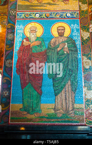 Sankt Petersburg, Russland, April 5, 2019. Kathedrale Unserer Retter auf verschüttetem Blut - Innenansicht von St. Petersburg Sehenswürdigkeiten. Mosaiken der Apostel Johannes Stockfoto