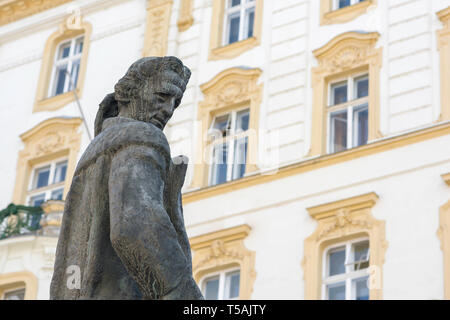 Lessing Wien, Detail der Statue des deutschen Philosophen und Dichters Gotthold Ephraim Lessing auf dem Judenplatz in Wien, Österreich. Stockfoto