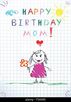 Happy Birthday Mama Grußkarte. Baby Zeichnung Abbildung mit Hand gezeichnet Mamma in rosa Kleid halten Blume und Herz auf Papier Hintergrund überprüft. Baby Stock Vektor