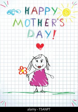 Happy Muttertag Grußkarte. Baby Zeichnung Abbildung mit Hand gezeichnet Mamma in rosa Kleid halten Blume auf grünem Gras auf kariertem Papier stehen. Baby Stock Vektor