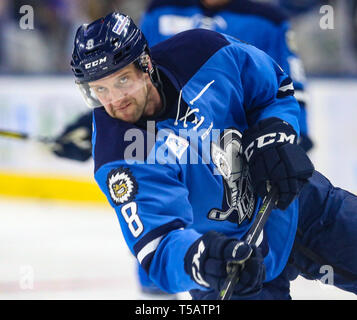 Jacksonville Eisgruben steigt vorwärts Cam Maclise (8) während des Warm-ups, bevor ein echl Professional Hockey Endspiel Spiel gegen die Florida Everblades am Veterans Memorial Arena in Jacksonville, Fla., Samstag, 20. April 2019. (Gary Lloyd McCullough/Cal Sport Media) Stockfoto