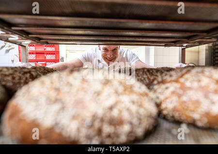 17. April 2019, Hessen, Steinau an der Straße: Bäckermeister Jürgen Fink steht in seiner Bäckerei hinter einem Trolley mit pre-gebackenes Brot, das er zu seinen Marktstand. Unter dem Motto "Backen mit Liebe und Zeit', die Firma, die Familie seit vielen Generationen im Familienbesitz, arbeitet nach alten handwerklichen Traditionen ohne industrielle Backmischungen oder tiefgekühlte Teige. Foto: Frank Rumpenhorst/dpa Stockfoto