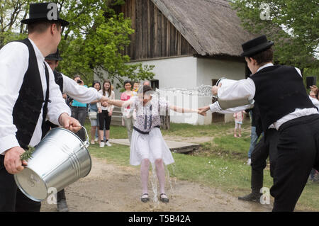 Szentendre. 22 Apr, 2019. Lokale junge Männer Spritzwasser bei Frauen als Teil der traditionellen Volkskunst Ostern Feier während einer Pressekonferenz in der Skanzen open-air-ethnographische Freilichtmuseum in Szentendre, Ungarn am 22. April 2019. Credit: Attila Volgyi/Xinhua/Alamy leben Nachrichten Stockfoto