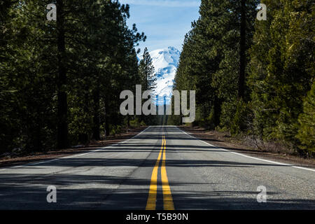 Durch den Wald, Mount Shasta's Summit erscheint über der Autobahn, immer noch weit jenseits der Straße. Stockfoto