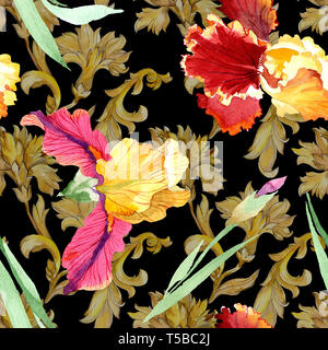 Rot fett Begegnung iris Blumen botanischen Blumen. Aquarell Hintergrund Abbildung. Nahtlose Muster. Stockfoto