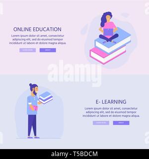 Online Bildung Konzept. Isometrische Darstellung mit mobilen Vorlage für App. Menschen mit Buch und Computer für Schulungen, Lehrgänge, Vorträge Stock Vektor