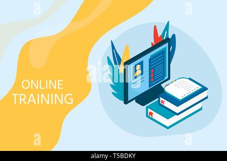 Online Bildung Konzept. Isometrische Darstellung mit Buch und Computer für Schulungen, Lehrgänge, Vorträge, Spezialisierung, Lehre, Sprache Stock Vektor