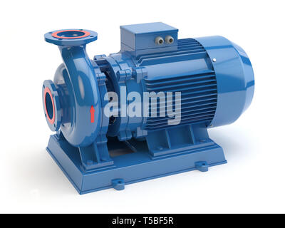 Blaue, elektrische Wasserpumpe, 3D-Darstellung Stockfoto
