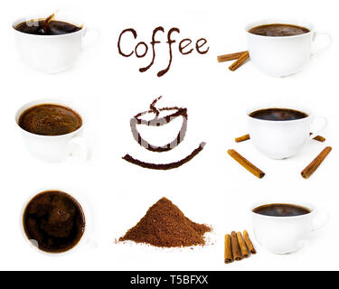 Große Kaffeetasse und Boden rammen, cinamon und Kaffee text isoliert auf weißem Stockfoto