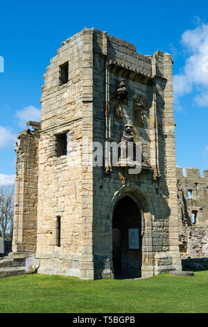 Lion Turm, Teil der Reste der Halle, in Warkworth Castle, Warkworth, Northumberland, England, Großbritannien Stockfoto