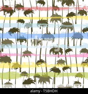 Tropischen Palmen nahtlose Muster auf grunge mehrfarbige Streifen Hintergrund. Vector Illustration Stock Vektor