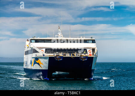 Adelaide, South Australia - Januar 14, 2019: Sealink Fähre Ankunft am Cape Jervis terminal von Kangaroo Island an einem Tag. Vom Festland l Gesehen Stockfoto