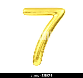 Ziffer 7, goldene Ballon Nummer sieben auf weißem Hintergrund, 3D-Rendering Stockfoto