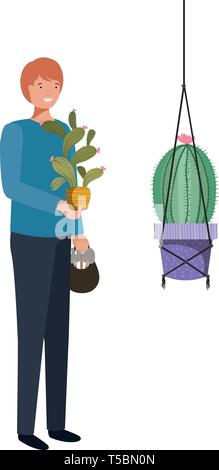 Mann mit Kaktus in macrame Kleiderbügel Stock Vektor