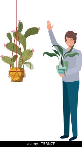Mann mit Kaktus in macrame Kleiderbügel Stock Vektor