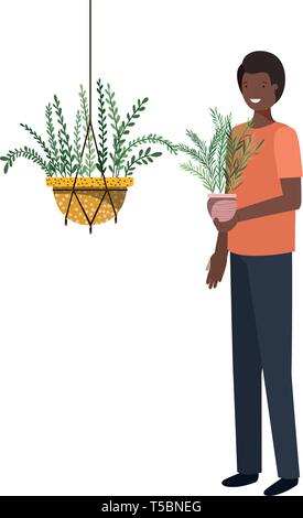 Mann mit zimmerpflanze in macrame Kleiderbügel Stock Vektor