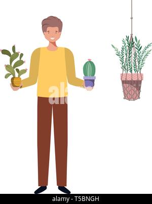 Mann mit Kaktus in macrame Kleiderbügel Stock Vektor