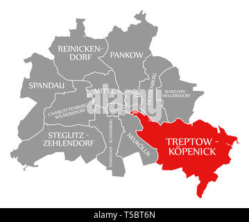 Stadt Bezirk Treptow-Koepenick rot in der Karte von Berlin Deutschland hervorgehoben Stockfoto