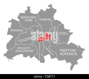 Friedrichshain-Kreuzberg Stadtteil rot in der Karte von Berlin Deutschland hervorgehoben Stockfoto