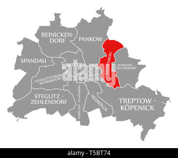 Lichtenberg Stadtteil rot in der Karte von Berlin Deutschland hervorgehoben Stockfoto