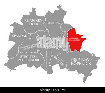 Marzahn-Hellersdorf Stadtteil rot in der Karte von Berlin Deutschland hervorgehoben Stockfoto