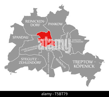 Mitte Stadtteil rot in der Karte von Berlin Deutschland hervorgehoben Stockfoto