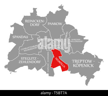 Neukölln Stadtteil rot in der Karte von Berlin Deutschland hervorgehoben Stockfoto
