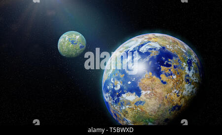 Fremde Welt, exoplanet in der habitablen Zone, Planeten, Mond, Wasser und Pflanzen (3d Astronomie rendering) Stockfoto