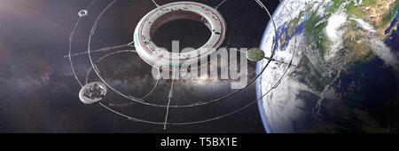 Raumstation in der Umlaufbahn des Planeten Erde (3d-science fiction Rendern im Hintergrund Banner, Elemente dieses Bild von der NASA eingerichtet sind). Stockfoto