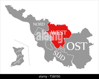 Bremen West Stadtteil rot in der Karte von Bremen Deutschland hervorgehoben Stockfoto