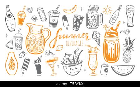 Vektor Hand gezeichnet von kalten Getränken, Sommer Cocktails und Getränke mit Früchten. Verschiedene doodles für Beach Party, Bar, Restaurant Menü. Isolierte zie Stock Vektor