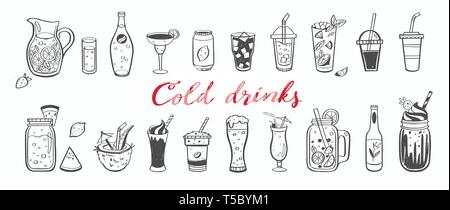 Vektor Hand gezeichnet von kalten Getränken, Sommer Cocktails und Getränke mit Früchten. Verschiedene doodles für Beach Party, Bar, Restaurant Menü. Isolierte zie Stock Vektor