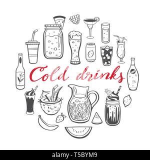 Vektor Hand gezeichnet von kalten Getränken, Sommer Cocktails und Getränke mit Früchten. Verschiedene doodles für Beach Party, Bar, Restaurant Menü. Isolierte zie Stock Vektor