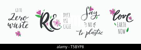 Null Abfall lifestyle Vektor Hand gezeichnet Kalligraphie und Schrift gesetzt. Motivierende Zitate für umweltfreundliche und grüne Wohnzimmer. Kein Plastik, Wiederverwendung, recyc Stock Vektor