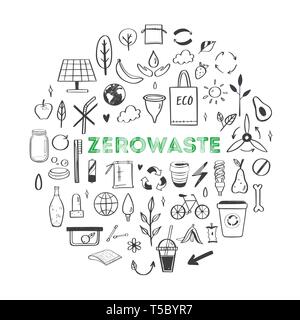 Null Abfall lifestyle Vektor Hand gezeichnet. Sammlung von ecogical und natürlichen Elementen. Grünes Konzept gehen. Isolierte Objekte Stock Vektor