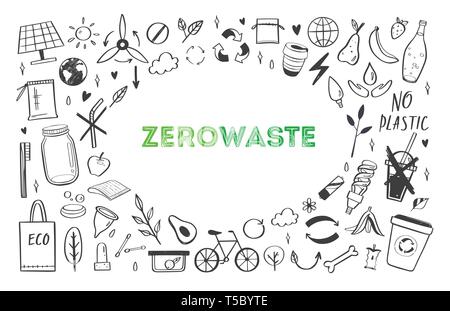 Null Abfall lifestyle Vektor Hand gezeichnet. Sammlung von ecogical und natürlichen Elementen. Grünes Konzept gehen. Isolierte Objekte Stock Vektor